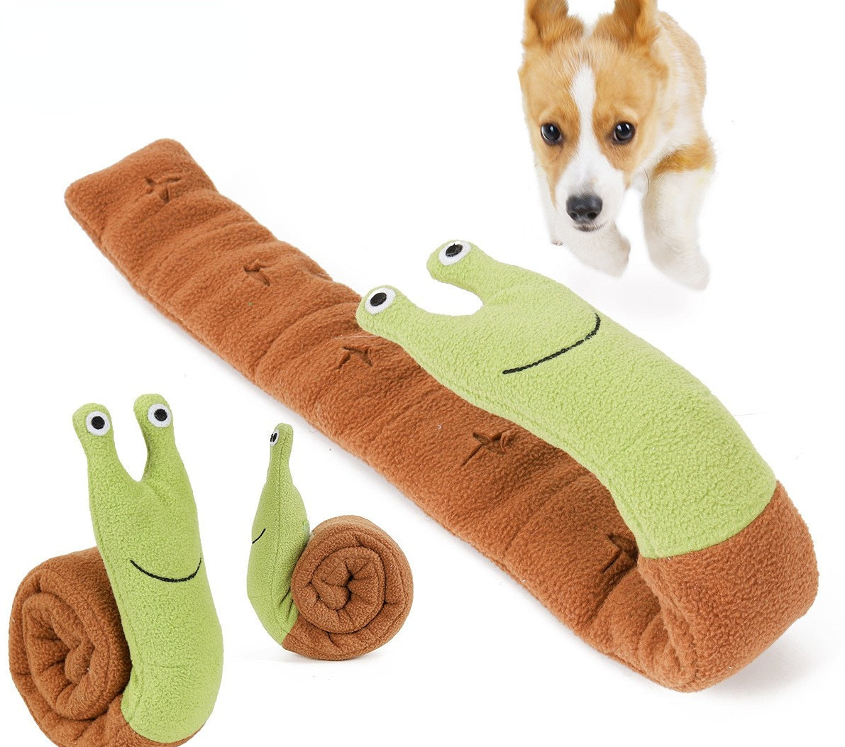 Dog sniffing out treats in a fleece snuffle mat