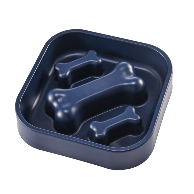 Dark blue square slow feeder dog bowl with a raised bone maze