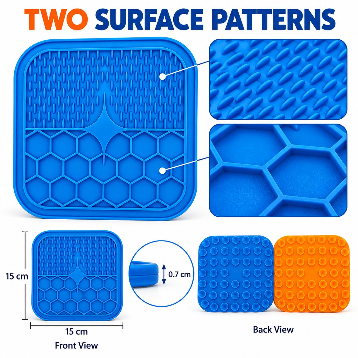 Two surface patterns on the dual-texture lick mat